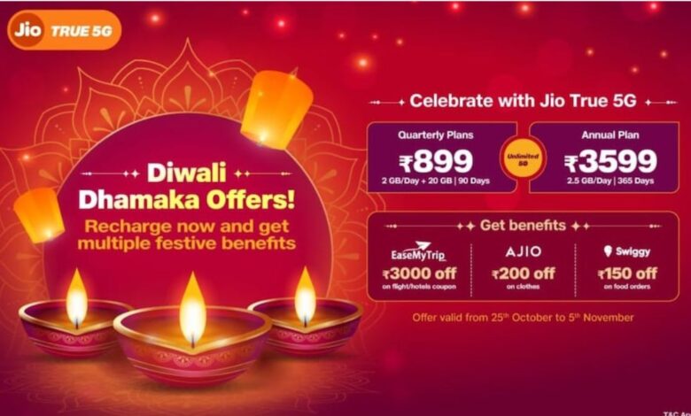 Reliance Jio Unveils Special Diwali Offers on Rs 899 and Rs 3,599 Prepaid Plans